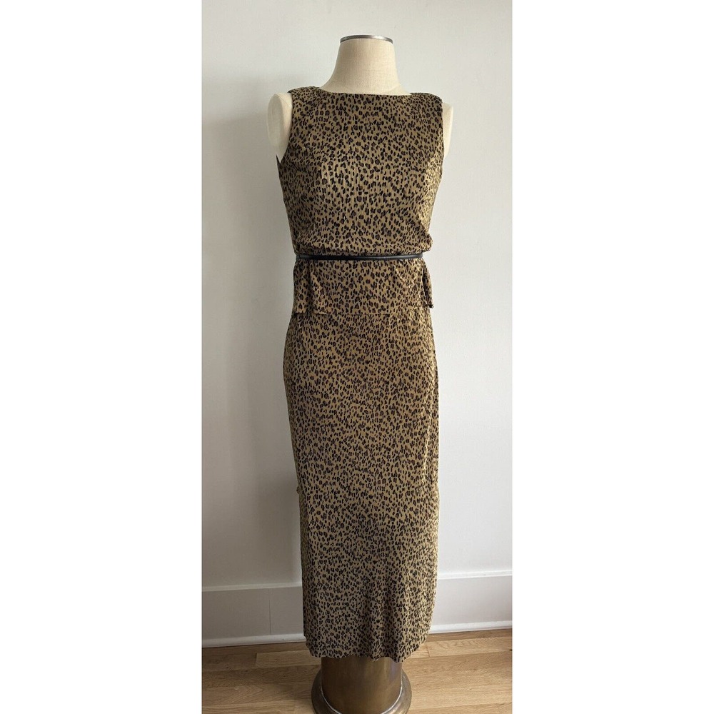 Vtg 90s Scarlett Leopard Print Sheath Textured Maxi Dress w/ Waist Tie | Sz 5/6
